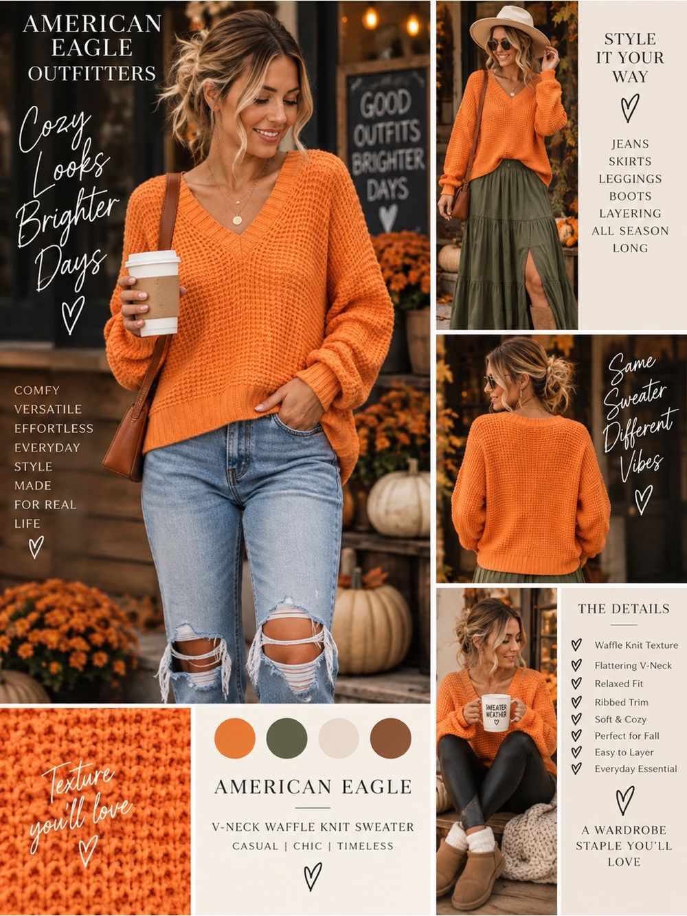American Eagle Orange Waffle Knit V Neck Sweater Small Cozy Fall Boho Size SM